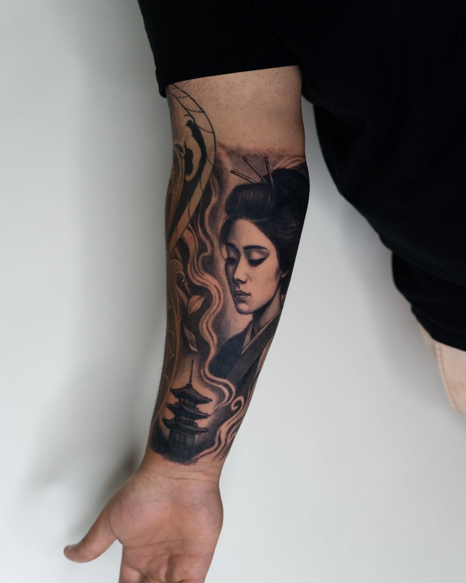 Geisha and pagoda forearm