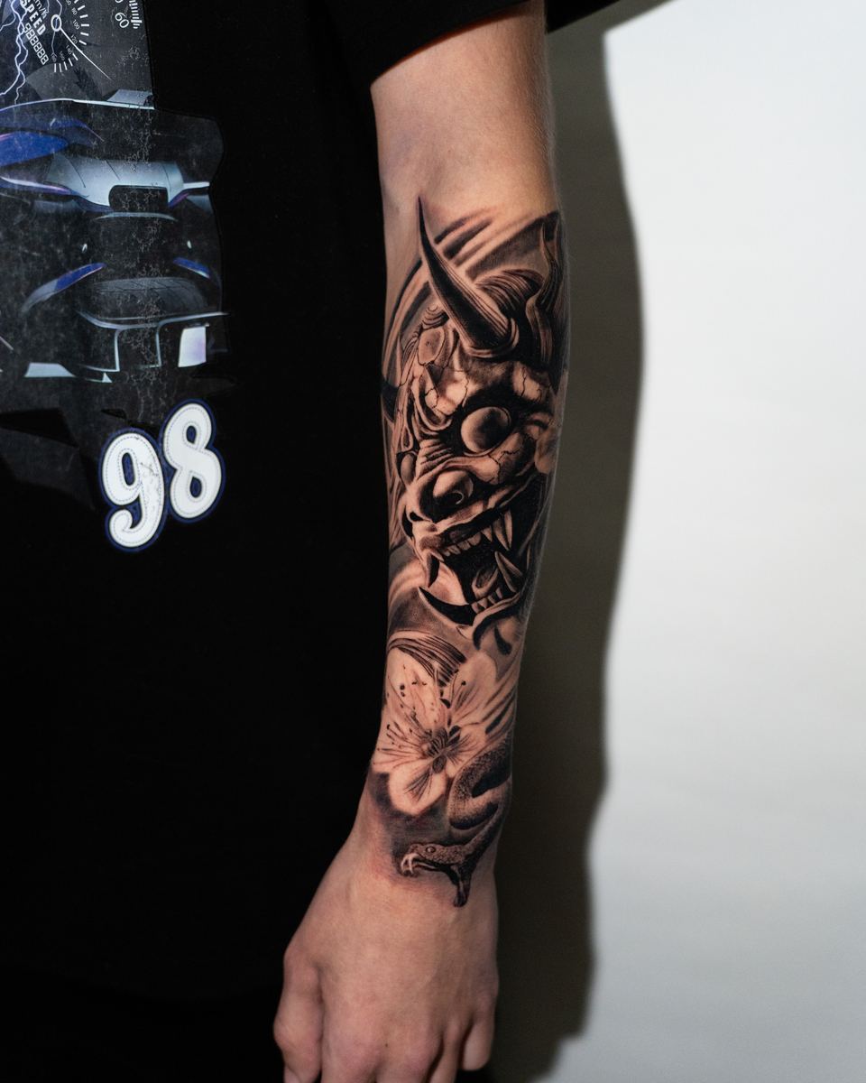 Hannya mask and lily forearm